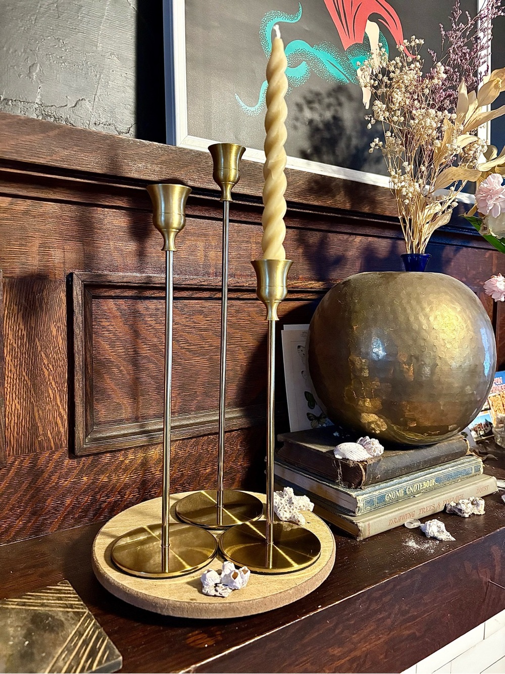 Brass and metal candle stands trio